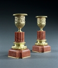 Picture of CA0336 Decorative pair of Louis XVI ormolu and rose marble candlesticks