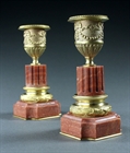 Picture of CA0336 Decorative pair of Louis XVI ormolu and rose marble candlesticks