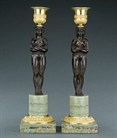 Picture of CA0337 Irish Regency Egyptian Revival bronze and Connemara caryatid candlesticks