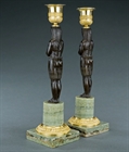 Picture of CA0337 Irish Regency Egyptian Revival bronze and Connemara caryatid candlesticks