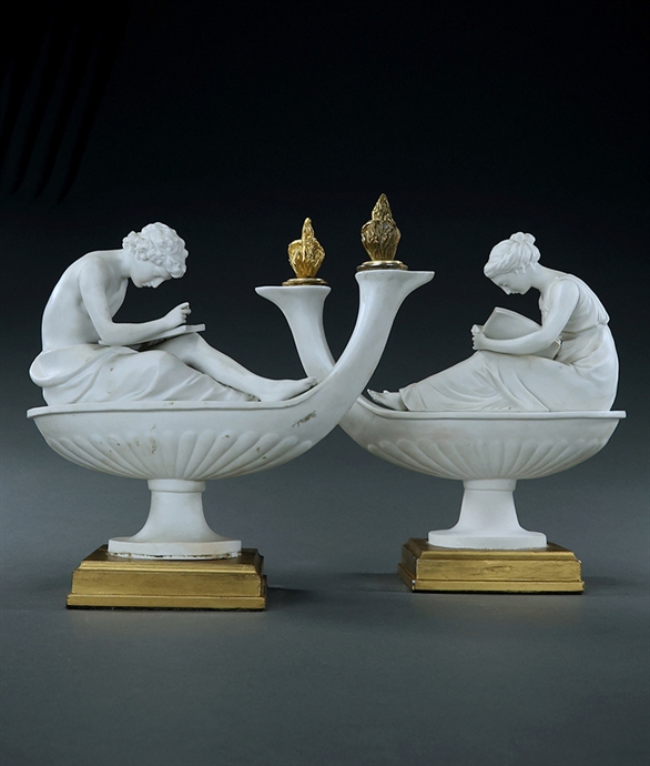 Picture of CA0315 Decorative pair of biscuit porcelain figural oil lamps after Boizot