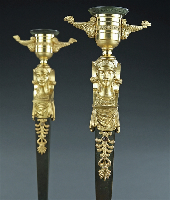 Picture of Fine pair of French 'Retour d'Egypte' style caryatid candlesticks