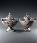 Picture of CA0298 Rare pair of Breccia Medicea Marble Neoclassical Lidded Urns