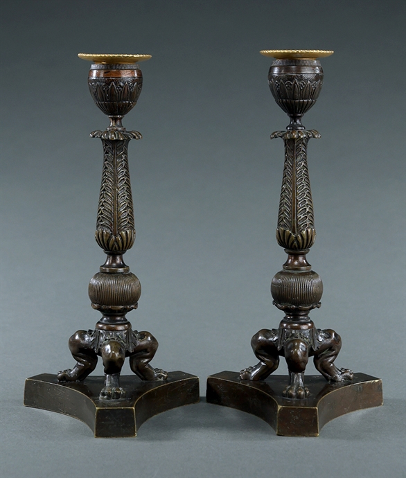 Picture of CA0293 Attractive pair of Regency patinated bronze candlesticks